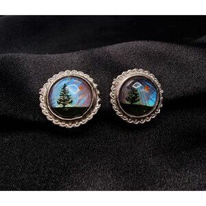 Vintage Silver-Tone Round Earrings With Scenic Forest Design & Iridescent Finish